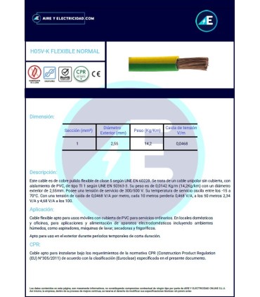 CABLE FLEXIBLE NORMAL AZUL H05V-K1AZ CPR Sección 1 mm²