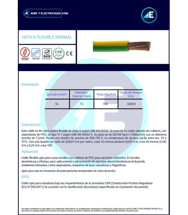 CABLE FLEXIBLE NORMAL GRIS H07V-K16GR CPR Sección 16 mm²