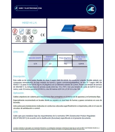CABLE LIBRE DE HALÓGENOS AZUL H05Z1K1AZ CPR Sección 1 mm²