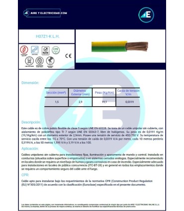 CABLE LIBRE DE HALÓGENOS ROJO H07Z1K1,5RJ CPR Sección 1,5 mm²