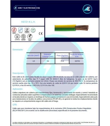CABLE LIBRE DE HALÓGENOS AZUL H07Z1K2,5AZ CPR Sección 2,5 mm²