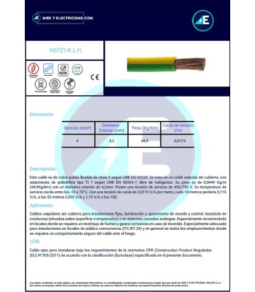 CABLE LIBRE DE HALÓGENOS GRIS H07Z1K4GR CPR Sección 4 mm²