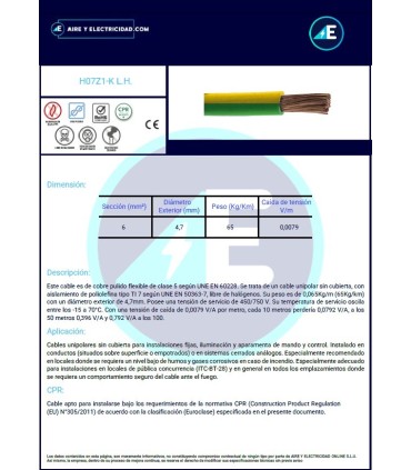 CABLE LIBRE DE HALÓGENOS GRIS H07Z1K6GR CPR Sección 6 mm²