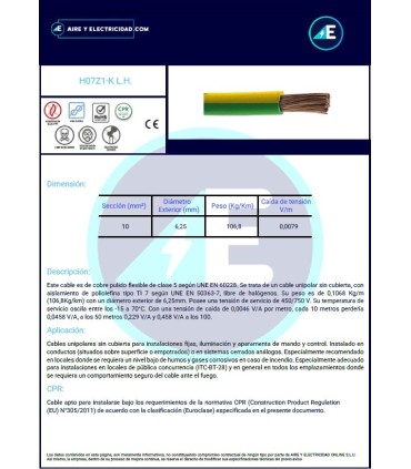 CABLE LIBRE DE HALÓGENOS AZUL H07Z1K10AZ CPR Sección 10 mm²