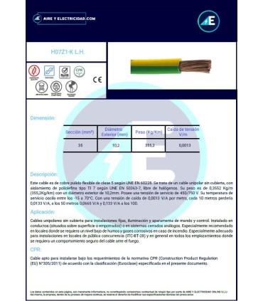 CABLE LIBRE DE HALÓGENOS AMARILLO/VERDE H07Z1K35AV CPR Sección 35mm²