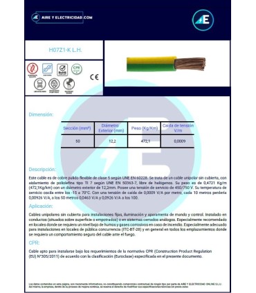 CABLE LIBRE DE HALÓGENOS GRIS H07Z1K50GR CPR Sección 50 mm²