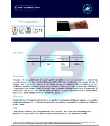 MANGUERA NEGRA RVK1kV1x70 CPR 0,6/1kV Sección 1x70 mm²