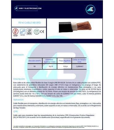 MANGUERA NEGRA RVK1kV1x95 CPR 0,6/1kV Sección 1x95 mm²