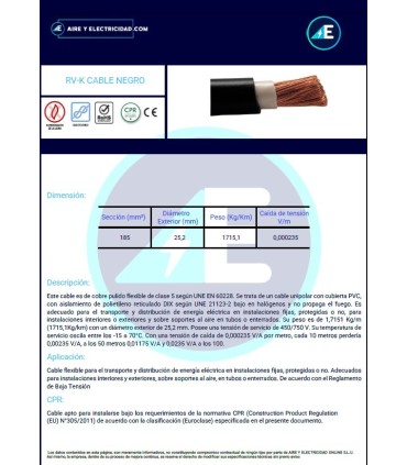 MANGUERA NEGRA RVK1kV1x185 CPR 0,6/1kV Sección 1x185 mm²