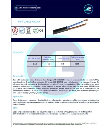 MANGUERA NEGRA RVK1kV2x1,5 CPR 0,6/1kV Sección 2x1,5 mm²