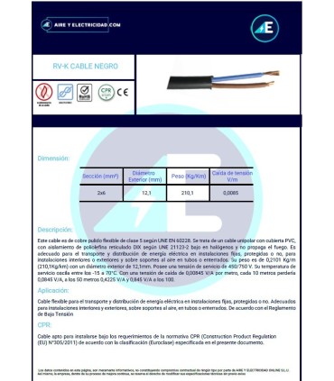 MANGUERA NEGRA RVK1kV2x6 CPR 0,6/1kV Sección 2x6 mm²