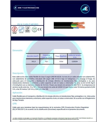 MANGUERA NEGRA RVK1kV3G2,5 CPR 0,6/1kV Sección 3G2,5 mm²