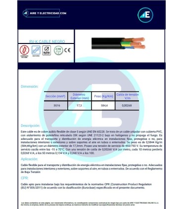 MANGUERA NEGRA RVK1kV3G16 CPR 0,6/1kV Sección 3G16 mm²