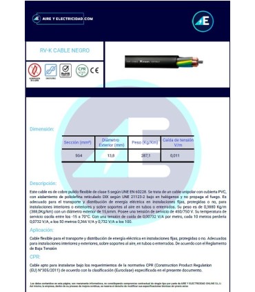 MANGUERA NEGRA RVK1kV5G4 CPR 0,6/1kV Sección 5G4 mm²