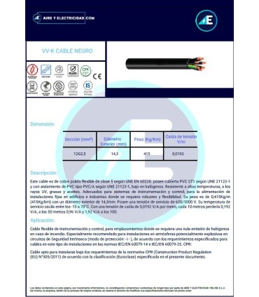 MANGUERA NEGRA VV-K12G2,5 CPR 0,6/1kV Sección 12G2,5 mm²
