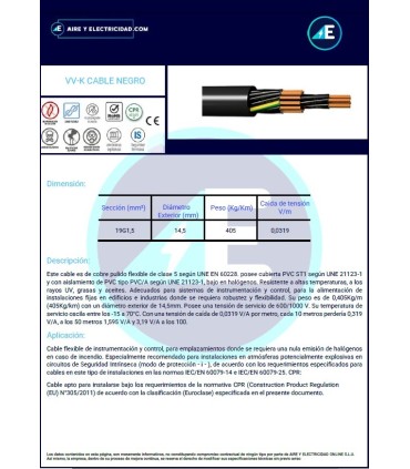 MANGUERA NEGRA VV-K19G1,5 CPR 0,6/1kV Sección 19G1,5 mm²