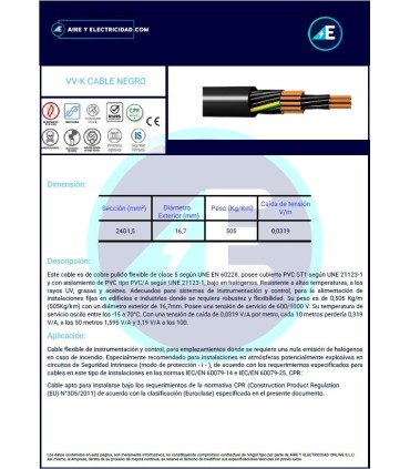 MANGUERA NEGRA VV-K24G1,5 CPR 0,6/1kV Sección 24G1,5 mm²