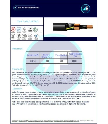 MANGUERA NEGRA VV-K30G1,5 CPR 0,6/1kV Sección 30G1,5 mm²