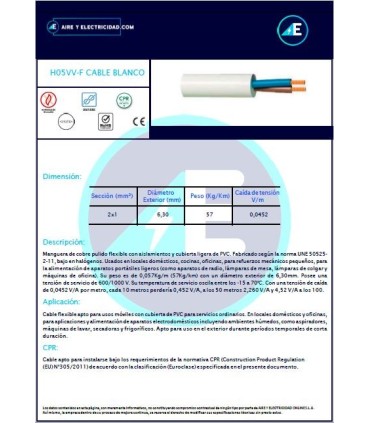 MANGUERA BLANCA FLEXIBLE H05VV-F2x1 CPR Sección 2x1 mm²