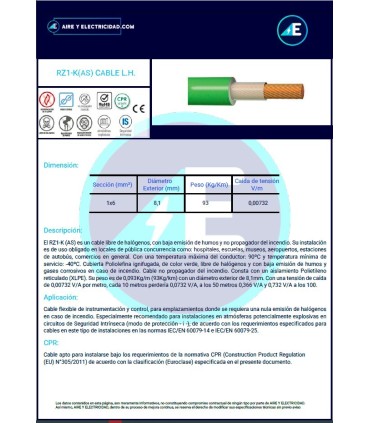 MANGUERA LIBRE DE HALÓGENOS RZ1KAS1x6 CPR Sección 1X6 mm²