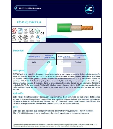 MANGUERA LIBRE DE HALÓGENOS RZ1KAS1x70 CPR Sección 1x70 mm²