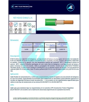 MANGUERA LIBRE DE HALÓGENOS RZ1KAS1x240 CPR Sección 1x240mm²
