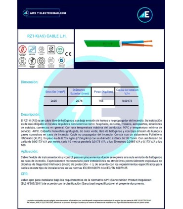 MANGUERA LIBRE DE HALÓGENOS RZ1KAS2x25 CPR Sección 2x25mm²