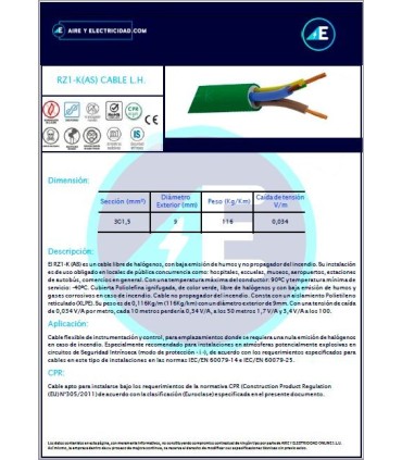 MANGUERA LIBRE DE HALÓGENOS RZ1KAS3G1,5 CPR Sección 3G1,5 mm²