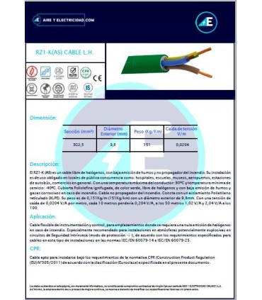 MANGUERA LIBRE DE HALÓGENOS RZ1KAS3G2,5 CPR Sección 2G2,5 mm²