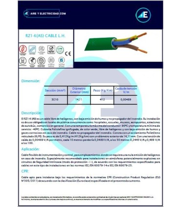 MANGUERA LIBRE DE HALÓGENOS RZ1KAS3G10 CPR Sección 3G10 mm²