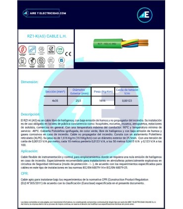 MANGUERA LIBRE DE HALÓGENOS RZ1KAS4x35 CPR Sección 4x35 mm²