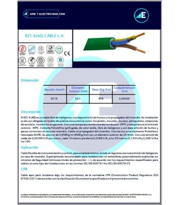 MANGUERA LIBRE DE HALÓGENOS RZ1KAS5G16 CPR Sección 5G16 mm²