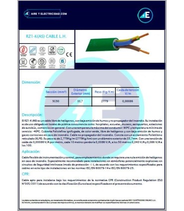 MANGUERA LIBRE DE HALÓGENOS RZ1KAS5G50 CPR Sección 5G50 mm²