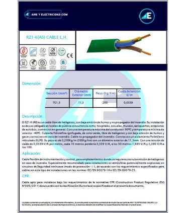 MANGUERA LIBRE DE HALÓGENOS RZ1KAS7G1,5 CPR Sección 7G1,5mm²