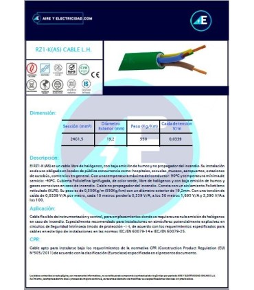 MANGUERA LIBRE DE HALÓGENOS RZ1KAS24G1,5 CPR Sección 24G1,5mm²