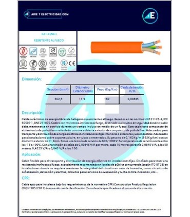 CABLE RESISTENTE AL FUEGO LIBRE DE HALÓGENOS RZ1KAS+3G2,5 CPR Sección 3G2,5mm²