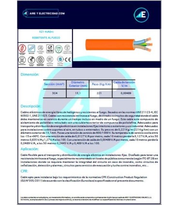 CABLE RESISTENTE AL FUEGO LIBRE DE HALÓGENOS RZ1KAS+3G4 CPR Sección 3G4mm²