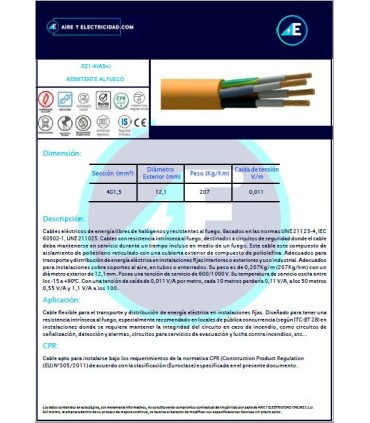 CABLE RESISTENTE AL FUEGO LIBRE DE HALÓGENOS RZ1-KAS+4G1,5 CPR Sección 4G1,5mm²