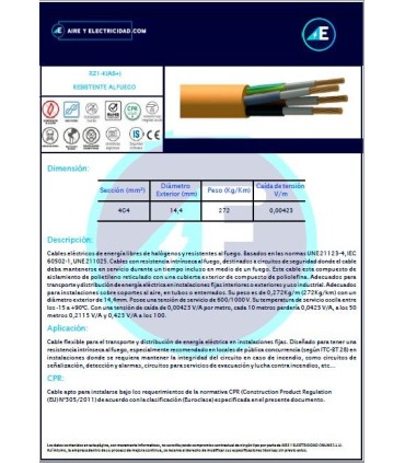 CABLE RESISTENTE AL FUEGO LIBRE DE HALÓGENOS RZ1KAS+4G4 CPR Sección 4G4mm²