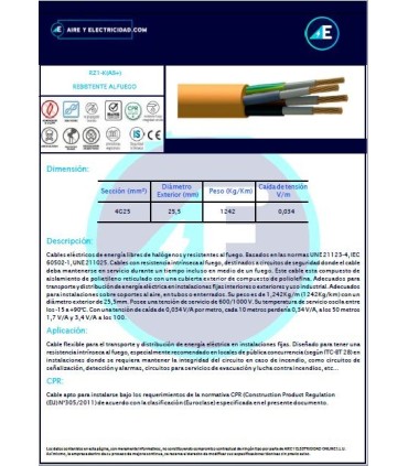 CABLE RESISTENTE AL FUEGO LIBRE DE HALÓGENOS RZ1KAS+4G25 CPR Sección 4G25mm²