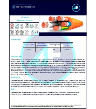 CABLE RESISTENTE AL FUEGO LIBRE DE HALÓGENOS RZ1KAS+5G1,5 CPR Sección 5G1,5mm²