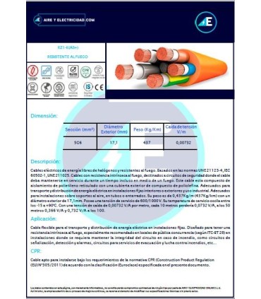 CABLE RESISTENTE AL FUEGO LIBRE DE HALÓGENOS RZ1KAS+5G6 CPR Sección 5G6mm²
