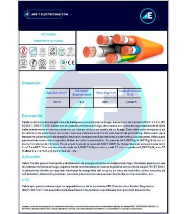 CABLE RESISTENTE AL FUEGO LIBRE DE HALÓGENOS RZ1KAS+5G10 CPR Sección 5G10mm²