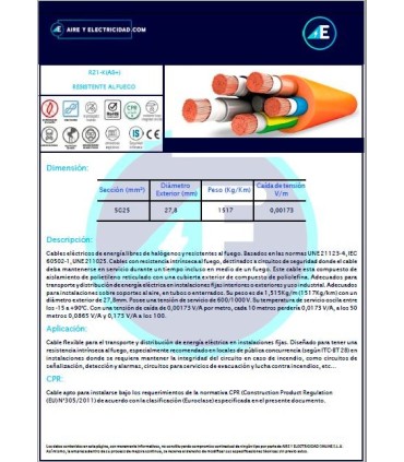 CABLE RESISTENTE AL FUEGO LIBRE DE HALÓGENOS RZ1KAS+5G25 CPR Sección 5G25mm²