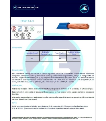 ROLLO DE 300 METROS DE CABLE LIBRE DE HALÓGENOS MARRÓN H05Z1-K0,5MR CPR Sección 0,5 mm²