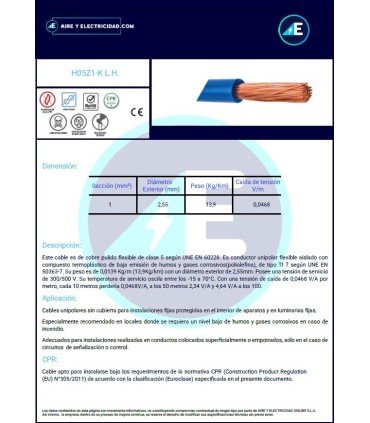 ROLLO DE 200 METROS DE CABLE LIBRE DE HALÓGENOS NEGRO H05Z1K1NG CPR Sección 1 mm²