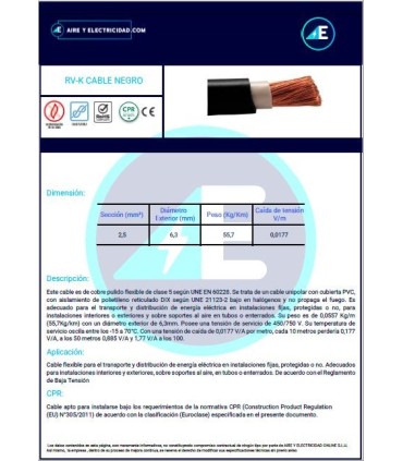 ROLLO DE 100 METROS DE MANGUERA NEGRA RVK1kV1x2,5 CPR 0,6/1kV Sección 1x2,5 mm²