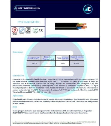 ROLLO DE 100 METROS DE MANGUERA NEGRA RVK1kV4G2,5 CPR 0,6/1kV Sección 4G2,5 mm²