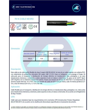 ROLLO DE 100 METROS DE MANGUERA NEGRA RVK1kV5G2,5 CPR 0,6/1kV Sección 5G2,5 mm²