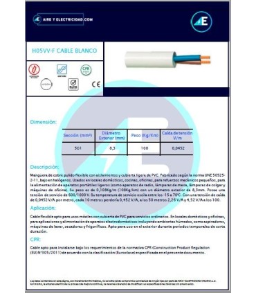 ROLLO DE 100 METROS DE MANGUERA BLANCA FLEXIBLE H05VV-F5G1 CPR Sección 5G1 mm²